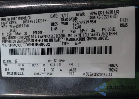 2017 Ford Escape Se из США, поврежденный, VIN 1FMCU0GD9HUB49632